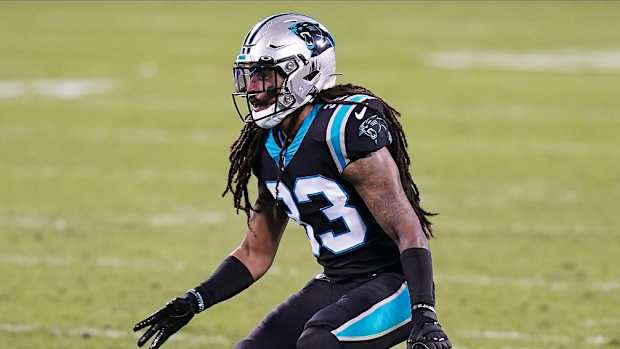 Oct 29, 2020; Charlotte, North Carolina, USA; Carolina Panthers free safety Tre Boston (33) back on defense against the Atlanta Falcons during the second quarter at Bank of America Stadium. Mandatory Credit: Jim Dedmon-USA TODAY Sports